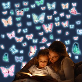 Glow in The Dark Butterfly Stickers, Glowing Butterfly Wall Decals, 64Pcs Blue Luminous Self-Adhesive Removable Butterflies Wall Decor for Girls Bedroom Living Room Nursery Decorations