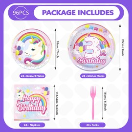 96 Pcs Unicorn 3rd Birthday Party Decorations for Girls Disposable Rainbow Unicorn Plates and Napkins Tableware Sets for Unicorn Themed 3rd Birthday Party Baby Shower Supplies Decorations Serves 24