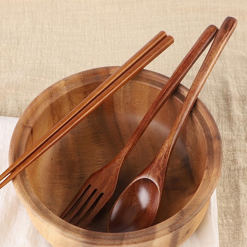 DFsucces Spoon Fork Cutlery Set, 4 Pieces, Natural Wood, Length