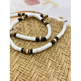 Simpleasure Natural Puka Shells Necklace with Coconut Wood Beads Surfer Tropical Beach Chips Puka Shell Necklace Holiday Vacation Round Hawaiian Surfer Jewelry VSCO Stuff (18in)