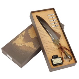 Vintage Feder Dip Pen Set, Europäisch Retro Federkiel Metallspitzen Kalligraphie Schreibfeder Hand Handwerk Geschenk Pen 6 Farbe(Grau)