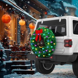 Knitgrip 6 Pcs Christmas Car Wreath Spare Tire Decoration Tire Cover DIY Kits with LED 132 ft Tinsel Green Garland Large Red Bow String Lights for Truck SUV Xmas Holiday Outdoor Decor