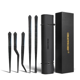 CREATIVECHEF 10&6.8 Inch 5PCS Food Tweezers and Offset Tweezers, Stainless Steel Professional Fine Chef Tongs, Multi-Use High-Precision Tongs for BBQ,Plating and Serving,Perfect Culinary Gift for Chef