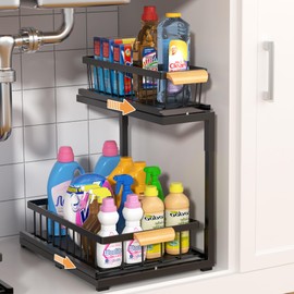 Under Sink Organizer, Pull Out Cabinet Organizer 2 Tier Slide Out Sink Shelf Cabinet Storage Shelves,Kitchen & Bathroom Organizers,Metal (Black, 1 Pack-14.6 * 10.6 * 16.5in)