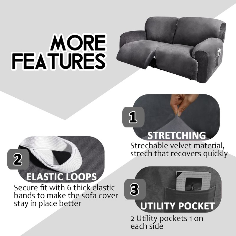ULTICOR Extra Wide 75-100" 2 Seater Reclining Sofa Slipcover, Velvet