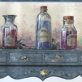 CONCORD WALLCOVERINGS ™ Wallpaper Border Kitchen Pattern Bottles Flowers on Wooden Shell for Kitchen Dining Area Cottage, Grey Blue Yellow Green Red Brown, 8 Inches by 15 Feet HM79353N