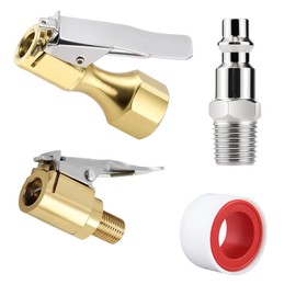 Brass Locking Air Chuck Set – 8V1 & 1/4" NPT Clip-On Tire Air Chuck, Quick Connect Tire Inflator Adapter with Plug – Closed Flow Tire Inflator Nozzle for Tire Valve and Air Compressor Accessories