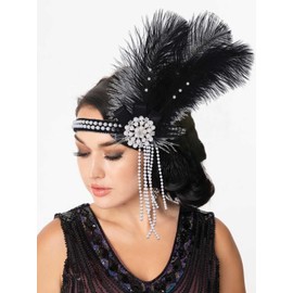 IYOU 1920s Flapper Headband Black Feather Great Gatsby Headpiece Pearl Tassel Vintage Festival Wedding Hair Accessories for Women
