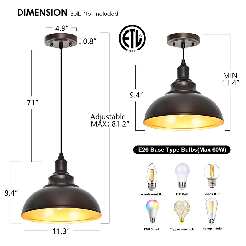 ALAISLYC 2 Pack Bronze Pendant Lights Kitchen Island Industrial Adjustable