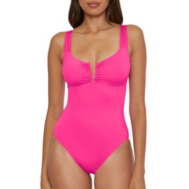 BECCA Women's Standard Color Code V-Wire Shirred One Piece Swimsuit, Plunge Neck, Bathing Suits, Cosmopolitan