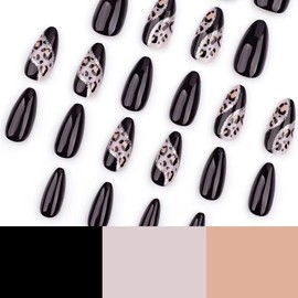 Black Press on Nails Leopard Print Fake Nails Medium Almond False Nails with Design Glitter Line Glue on Nails Glossy Artificial Acrylic Nail Full Cover Stick on Nails for Women Girls Manicure 24Pcs