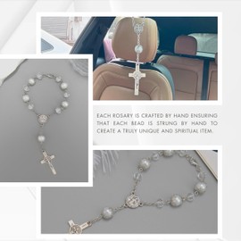 One Decade Car Rosary, St. Benedict Medal Interior Rear View Mirror Charm Auto Rosary, Catholic Rosary Hanging Pendant, Interior Men Women Car Accessories (White)