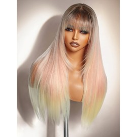 GORGIUS Straight Glueless Wig with Bangs Ombre Peach Pink Layered Hair Ready-to-Go Synthetic Bang Wigs with Realistic Scalp 24 Inch