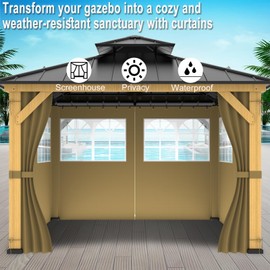 10ft x 10ft Gazebo Curtains,Privacy Replacement Sidewall with Church Window,4-Panel Universal Shade Curtains Set,Protecting Side Walls (Only Curtain)-Khaki