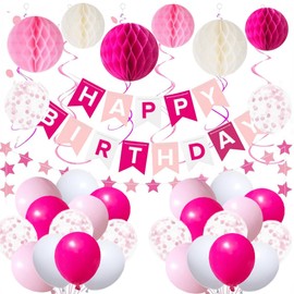 OHugs Happy Birthday Banner - Pink Birthday Decoration for Girls with Honeycomb Balls, Star Garland, Balloons - Ideal for Girls, Women, Princess Party