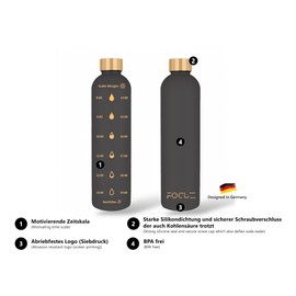 Focuz® Motivational Bottle 1 L [Black] with Motivational Time Marking, Drinking Bottle 1 Litre, 1 Litre - Leak-Proof, BPA-Free, Dishwasher Safe, Suitable for Carbonated Drinks