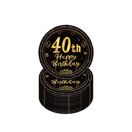 Happy 40th Birthday Paper Plates 7”Black and Gold,16Pcs Disposable Tableware Party Plates,Happy 40th Birthday Decorations Plates for Women,Men,Him,Her 40th Birthday Party Supplies Table Decorations
