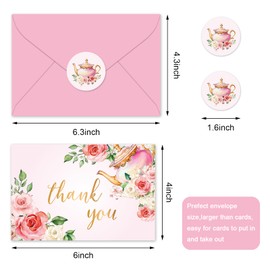 Whaline 36Pcs Pink Floral Thank You Cards with Envelopes and Stickers Tea Party Greeting Card Spring Flower Blank Note Card for Party Supplies