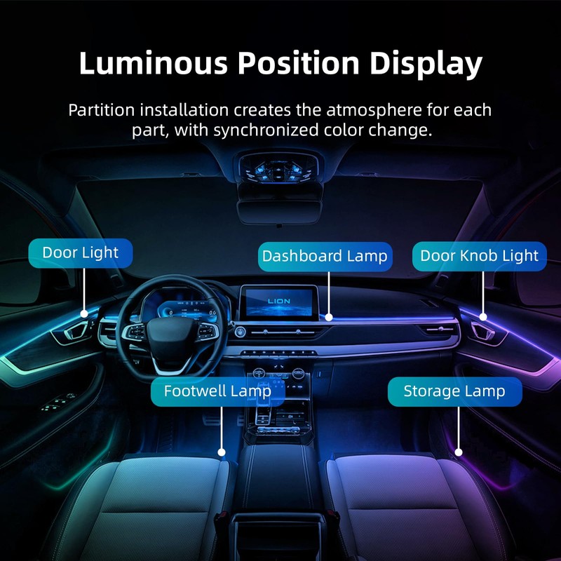 Wireless APP Control Car-Ambient-Lighting-Kit,256 RGB Colors DIY Modes Acrylic Interior