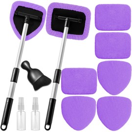 Qydipclin 11pcs Windshield Cleaner Tool, Car Window Cleaning Wash Kit with 6 Reusable Microfiber Pads 2 Spray Bottles and Extendable Handles Auto Glass Wiper Kit, Purple