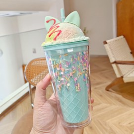 Vaso de viaje de unicornio con pajita de lentejuelas, taza de hielo congelador, taza de plástico para fiesta de picnic, cumpleaños (encantador gato azul 7)