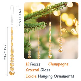 LUMITI 12pcs Crystal Icicle Christmas Tree Ornaments, Glass Beads Hanging Chandelier Pendants for Christmas Party Wedding Winter Decorations (Gold)