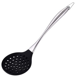 Honglida Silicone Wok Skimmer Premium Slotted Spoon Scoop Strainer Colander BPA Free 600ºF Stainless Steel Handle 14 Inch for Non Stick Cookware(Black)