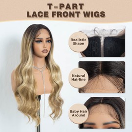NOBLE Long Ombre Blonde Wavy Wig with Dark Roots T-Part Lace Front Wigs with Baby Hair 28 Inches Middle Part Wavy Wig Natural Looking Heat Resistant Fiber Wig for Daily Party Use