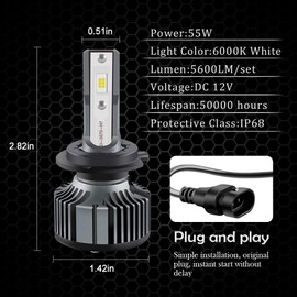 Chemini 2Pcs 55W H7 LED Headlight Bulb 10000LM 6000K Xenon White Replace for Car Halogen Headlight Bulb or High/Low Beam