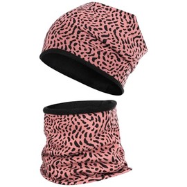 Smarilla Winter Hat + Tube Scarf Winter Set Beanie Snood Fleece, Pink Leo