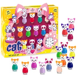Cat Shaped Water-based Nail Polish Set, Beauty4Britain, 14 Colours, Quick Dry, Peel Off, Cat Nail Stickers Included, Display Gift Box