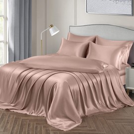 Ersmak 7 Pieces Satin Sheets Set Queen Size, Luxury Silky Champagne Satin Bed Sheets Set with 1 Deep Pocket Fitted Sheet, 1 Soft Flat Sheet, 4 Queen Pillowcases and 1 Body Pillowcase