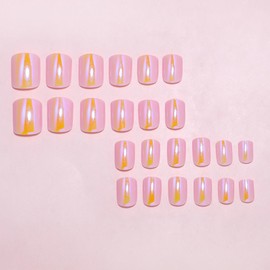 MERVF Square Press on Nails Short Fake Nails Light Pink Squoval Glue on Nails Press ons with Chrome Design Artificial Electroplated Acrylic False Nails 24pcs Glossy