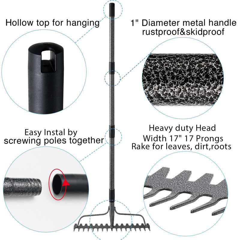 Bow Rakes for Lawns, 17 Prongs 17" Wide Heavy Duty