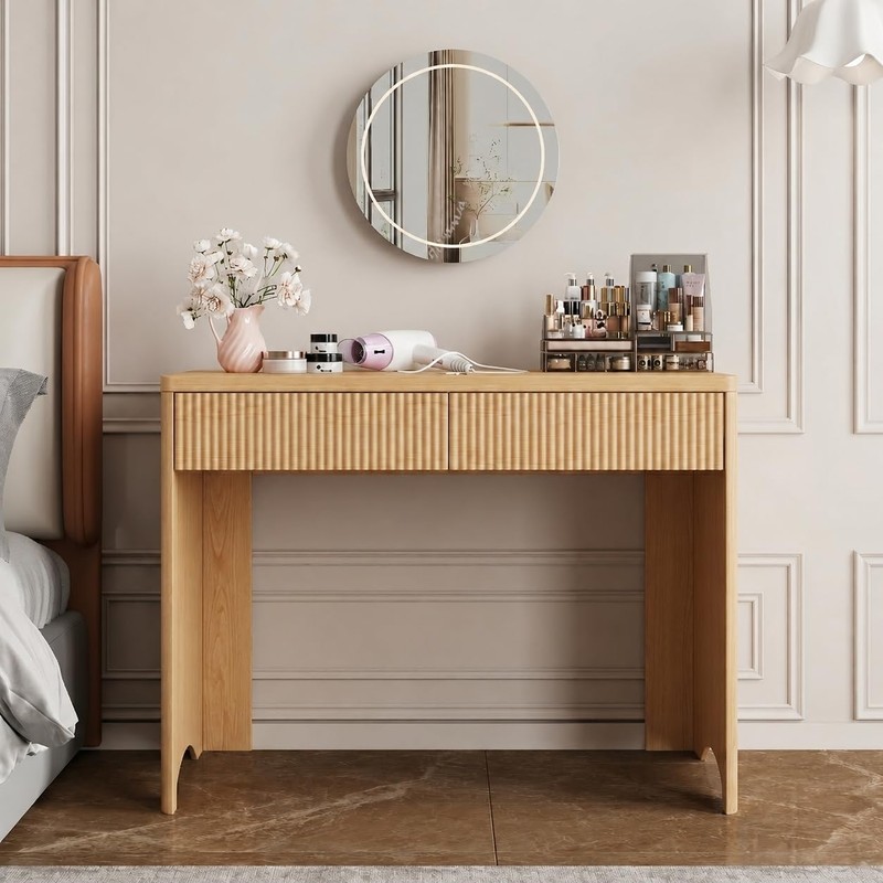 40 Inch Fluted Desk with 2 Drawers, Modern Wooden Desk