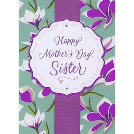 Designer Greetings Purple Foil Bordered 3D Tip-On Banner, Wide Purple Ribbon, Flowers on Turquoise Hand Decorated Mother's Day Card for Sister
