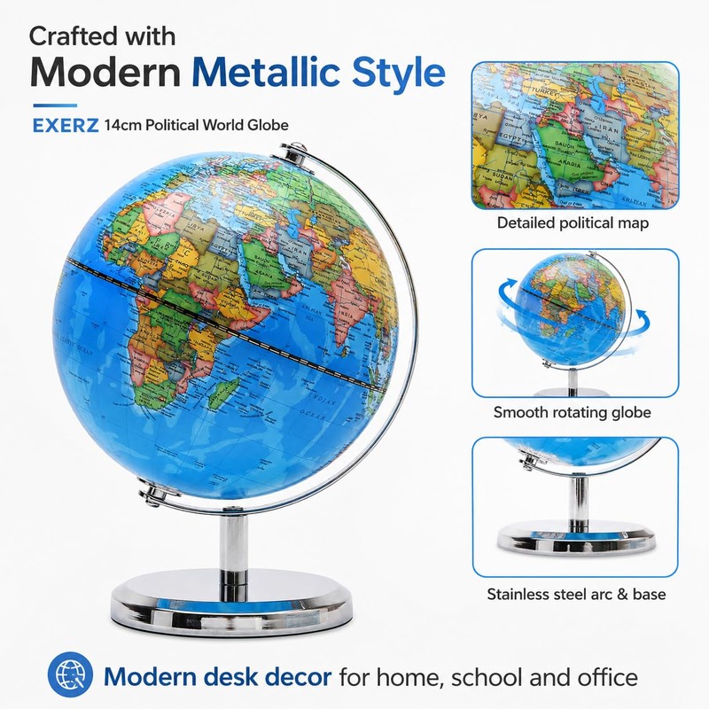 EXERZ 14cm Mini World Globe, Political Map with Stainless Steel