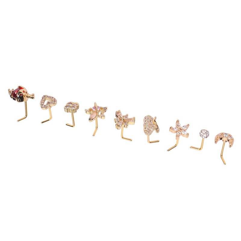 9pcs Nose Studs Set Golden Stainless Steel L Shape Shiny