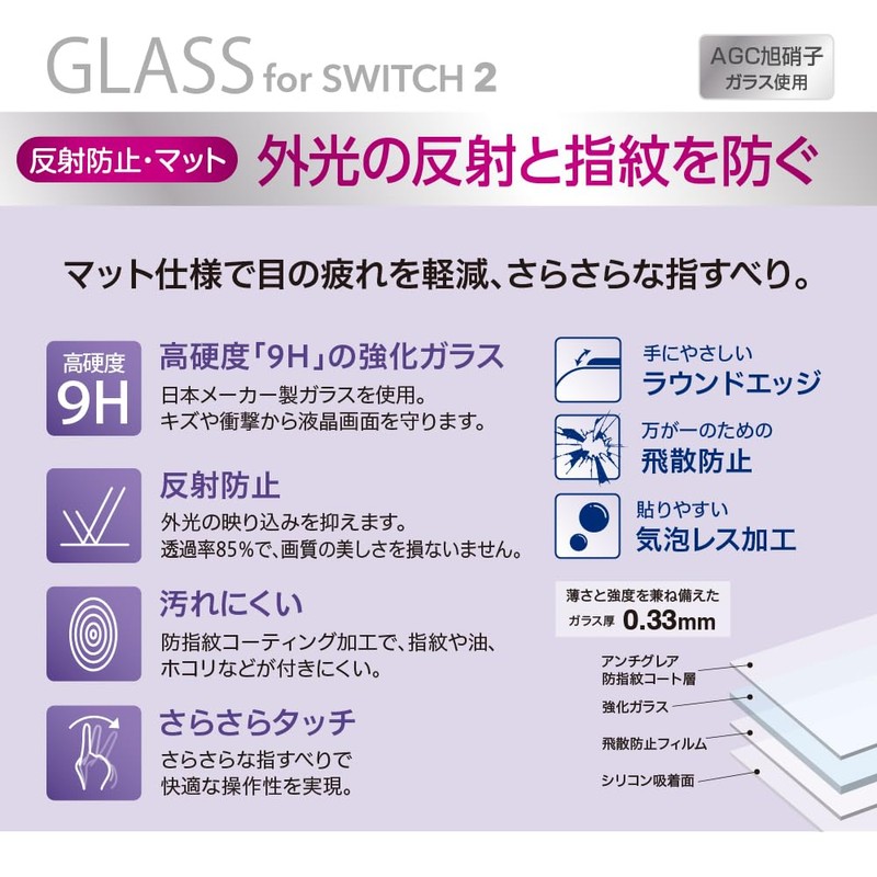 Nakabayashi Switch 2 Display Glass Film Anti-Reflective Bubble-Free Z1126
