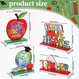 ULELE 4 Pcs Teacher Appreciation Ornament Gifts Best Teacher Sign Table Decoration Wooden Apple Standing Graduation Appreciation Leaving Gift Thank You Teacher Table Topper for Teacher Nursery