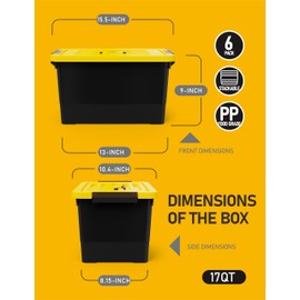 WYT 17 Quart Stackable Plastic Storage Bins with Yellow Lids, 6 Pack Black Containers with Latching Buckles and Handle, Durable Nestable Boxes Organizing for Closet, Garage, Tool Room