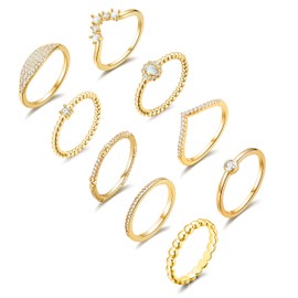 PLOMFOV 14K Silver Plate Stacking Rings Set for Women V Opal Flower CZ Rings Simple Thumb Thin Stackable Rings Silver Statement Rings Plain Band Gold 6