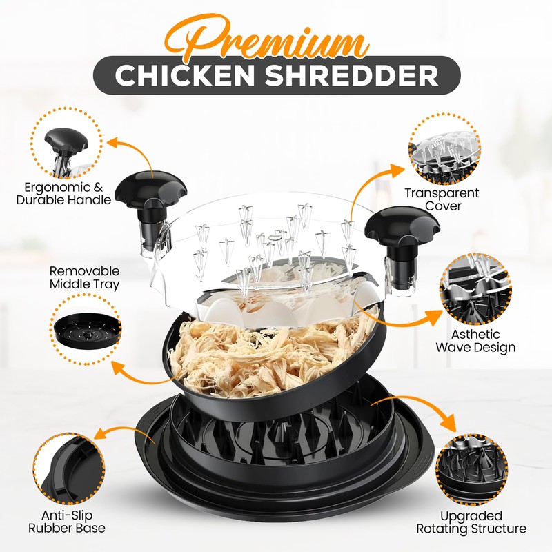 Large Chicken Shredder with Transparent Lid, Brush & Tongs -