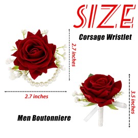 SITUMEIZI 2Pcs Red Corsage and Boutonniere Set,Corsage Wristlet for Prom Decor,Boutonniere for Men Wedding Flowers Accessories Party Suit Decoration