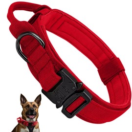 Tactical Dog Collar with Handle, Military Dog Collar, Heavy Duty Collars for Medium and Large Dogs Breeds, Adjustable Heavy Duty Collar, Dog Collars Large Breeds (Red, Large(18-21.5) Inch)