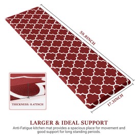 WISELIFE Kitchen Mat Cushioned Anti-Fatigue Kitchen Rug,17.3"x 60",Non Slip Waterproof Kitchen Mats and Rugs Heavy Duty PVC Ergonomic Comfort Mat for Kitchen, Floor Home, Office, Sink, Laundry,Red