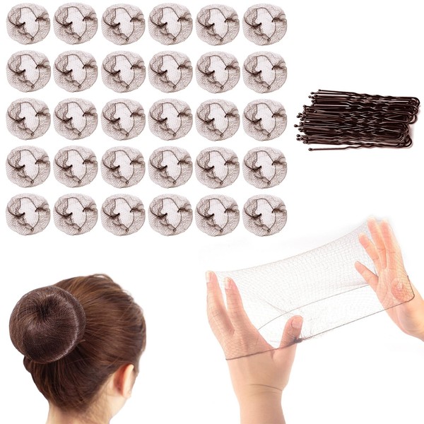 Shakeel 30pcs Invisible Hair Nets for Buns with 20pcs U Shape Hair Pins, Ballet Hair Nets for Girls, Mesh Ballet Bun Nets, Hair Bun Nets Brown for Women Dancer, Cook