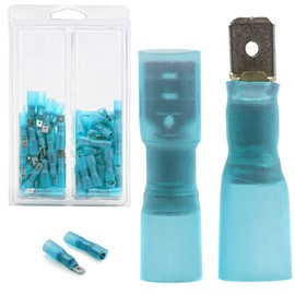 Rebuild Skills 50pcs Male + 50pcs Female Blade Spade Connectors .25" (1/4'') 6.3mm 16-14 AWG Blue, Heat-Shrink Insulated Quick-Disconnect Electrical Crimp Terminals