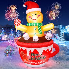 Hatisan 7 FT Christmas Inflatables Outdoor Decoration, Huge Gingerbread Man Inflatable with Hot Chocolate Cup, Candy, Christmas Inflatable Outdoor Decoration Built-in Led