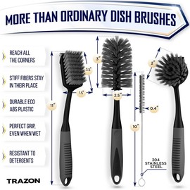 Trazon Black Dish Brush Set of 4 with Bottle Water, Dish Scrub , Cleaning Scrubber and Straw Brushes - Kitchen Scrub Holder, Household Steel